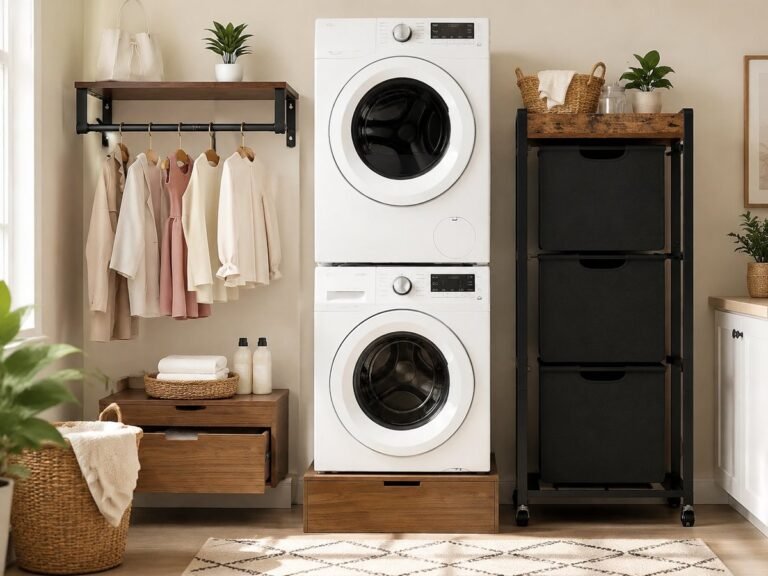 laundry room stacked washer and dryer — MessyBunsAndMagic