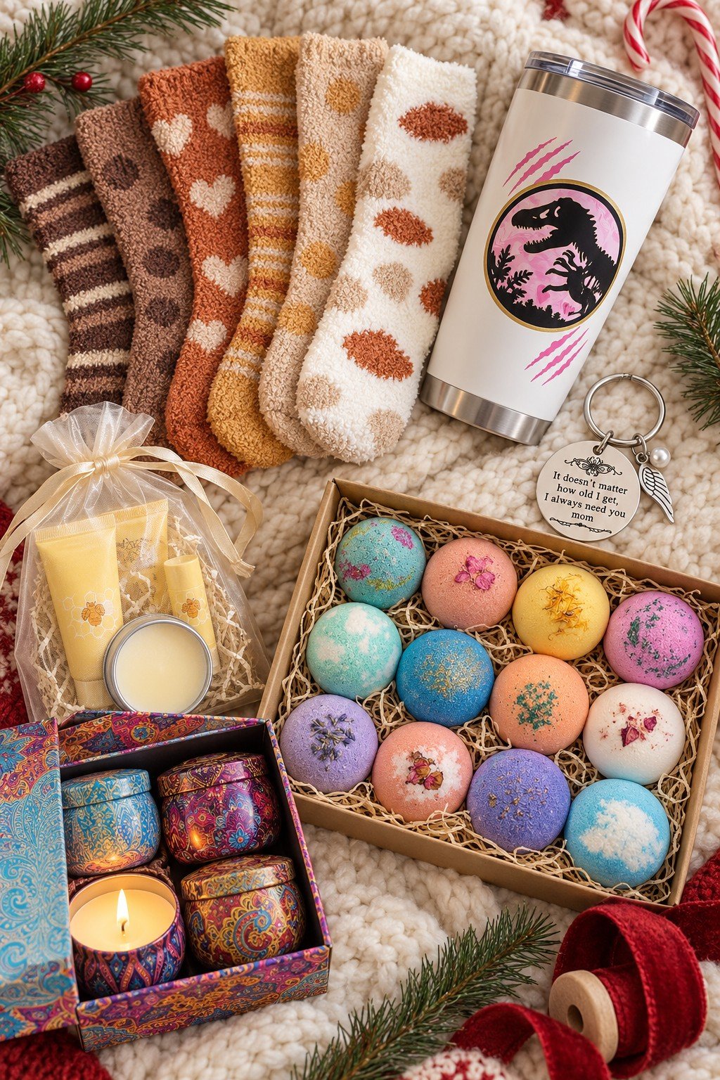 Budget Christmas gifts for mom from kids: fuzzy socks, a mom keychain, a Mamasaurus tumbler, hand cream, bath bombs and candles