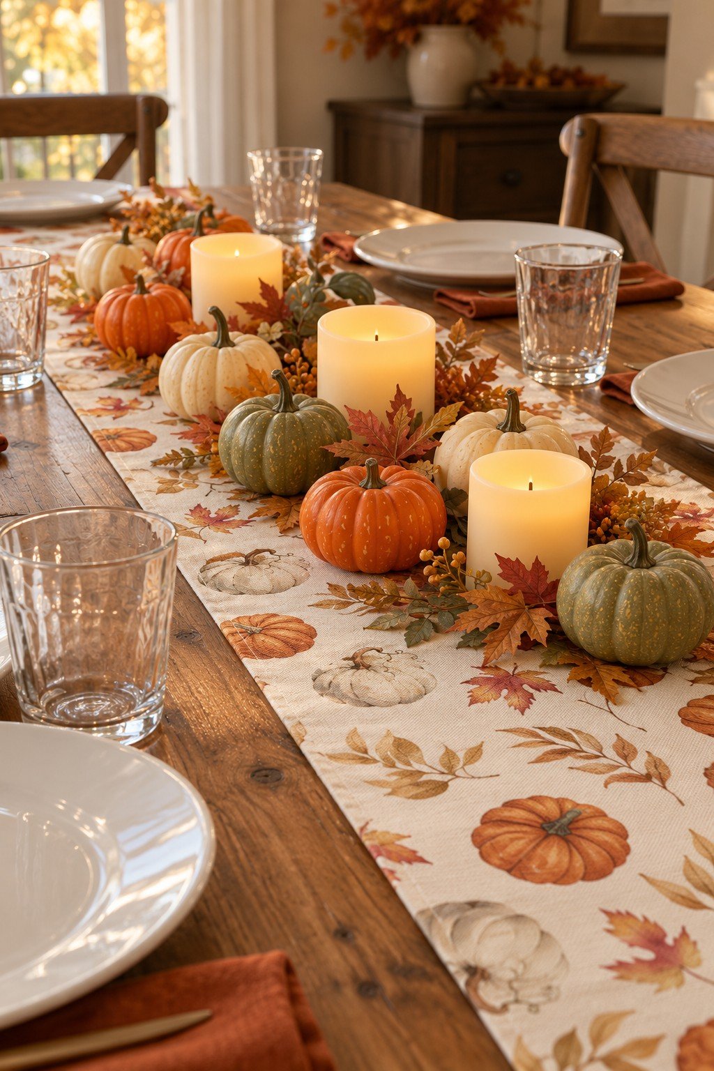 Simple Thanksgiving table with a pumpkin print runner, mini pumpkins and LED pillar candles