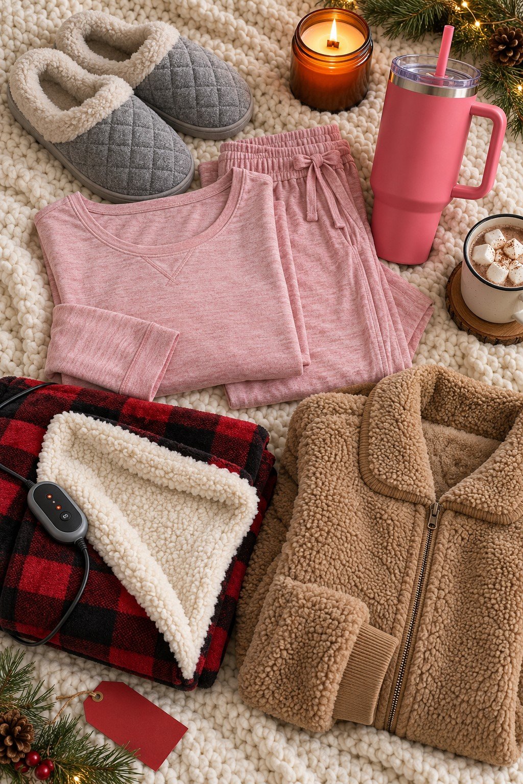 Cozy Walmart Black Friday deals for moms: quilted clog slippers, a pajama set, a wooden wick candle, a Stanley tumbler, a heated throw and a shearling bomber jacket