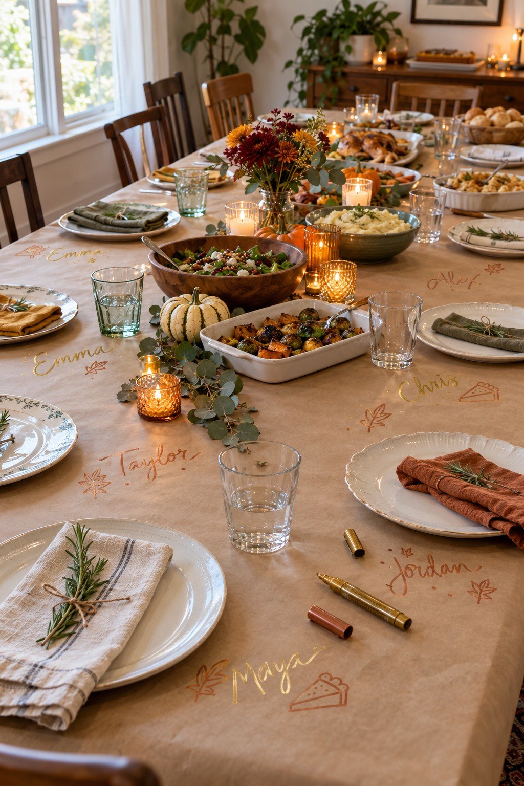 Friendsgiving table covered in kraft paper with names written in metallic marker