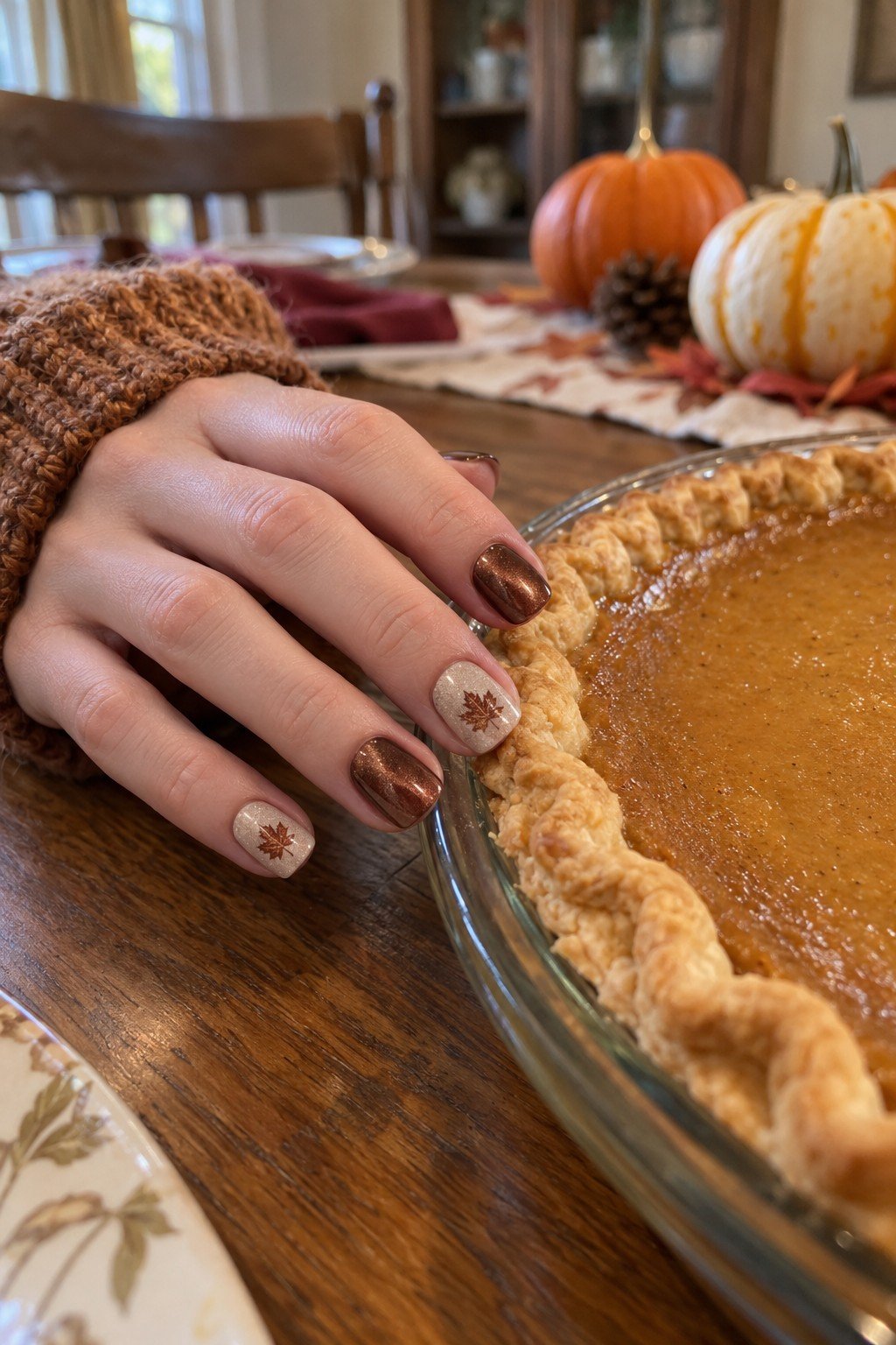 Short square copper cat eye Thanksgiving nails with maple leaf accents next to a pumpkin pie