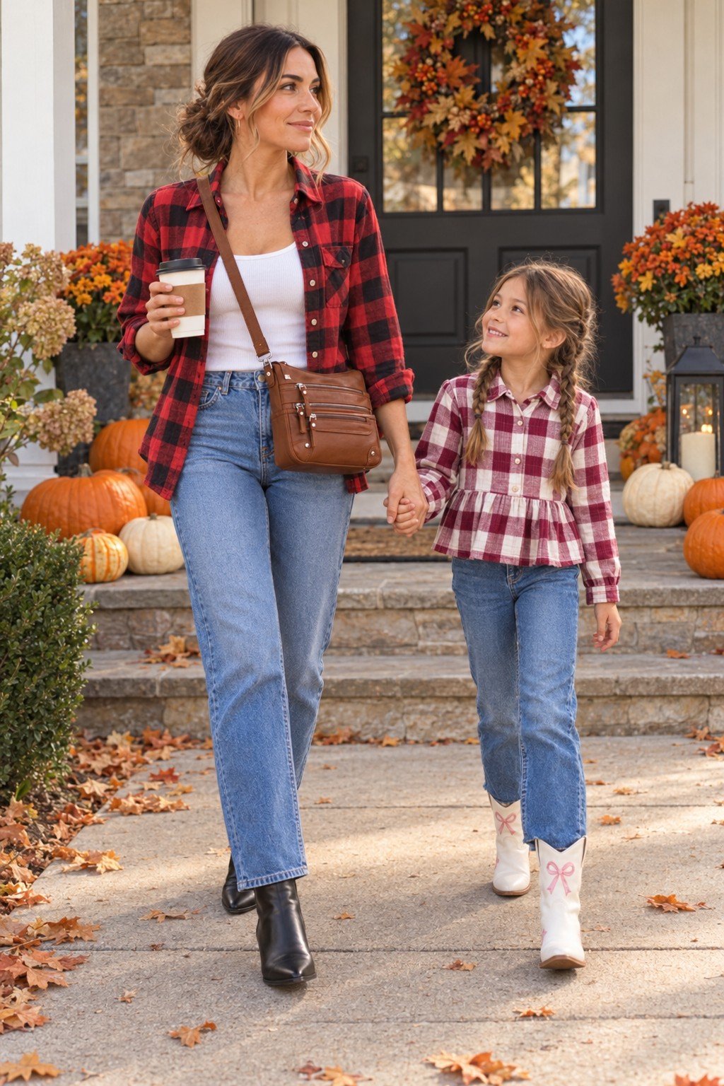 Mom in a red buffalo plaid flannel and her daughter in a red plaid peplum flannel on a Thanksgiving porch