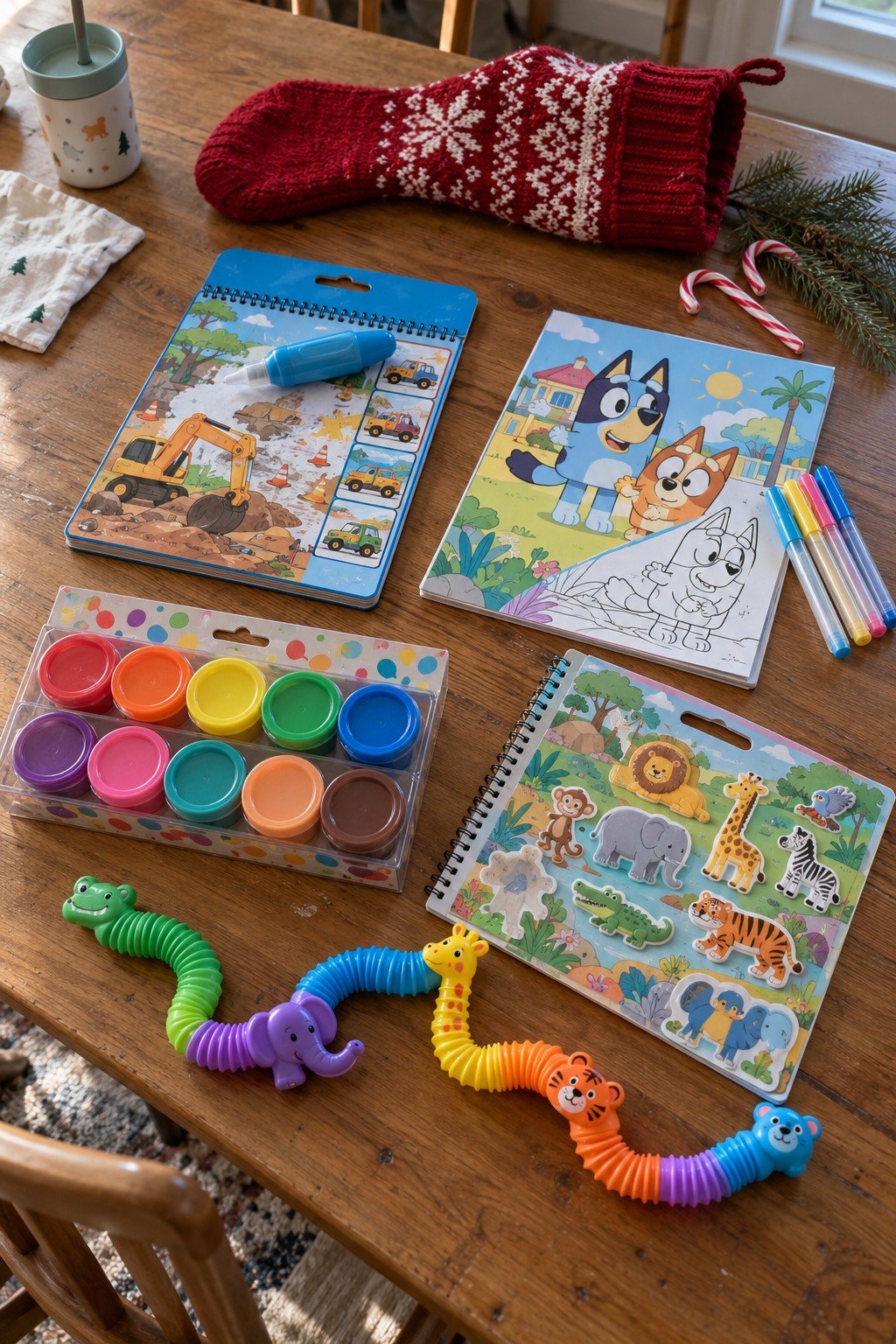 Mess-free toddler stocking stuffers: a Water Wow pad, a Bluey Color Wonder set, Play-Doh, a sticker pad and pop tubes on a wood table