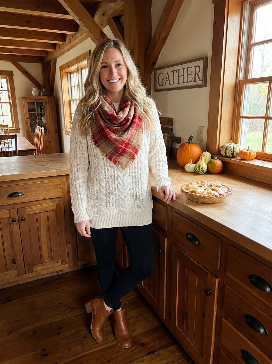 Mom in an oversized cream cable knit sweater, black leggings, brown ankle boots and plaid scarf in a Thanksgiving kitchen