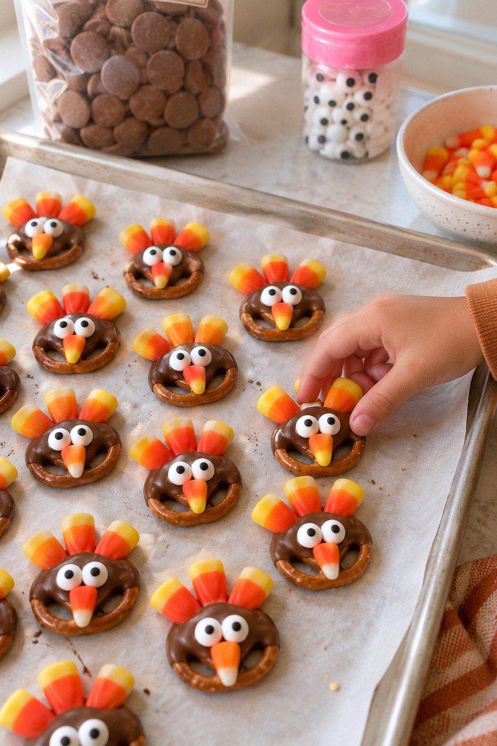 Pretzel turkey bites with candy eyeballs and candy corn feathers on a baking sheet
