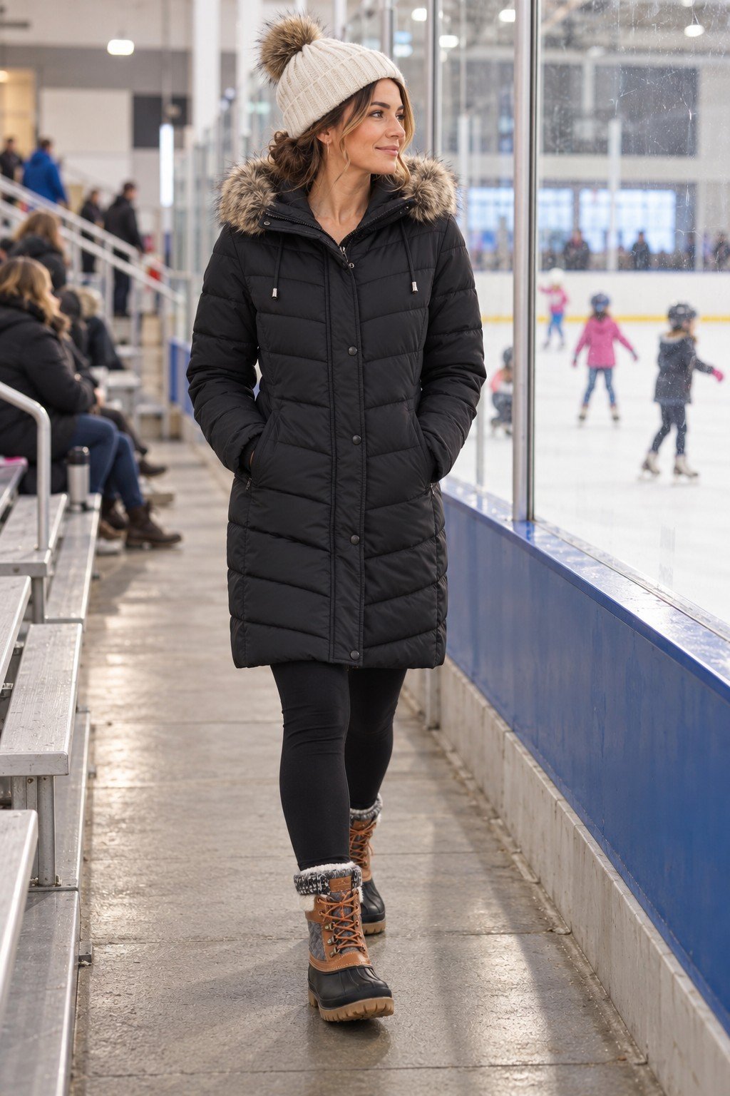 Hockey mom in a long black puffer coat, fleece lined leggings, duck boots and a pom beanie in the rink bleachers