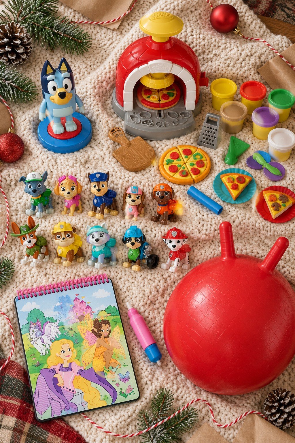 Budget Christmas toys for 4 year olds on a cream knit blanket