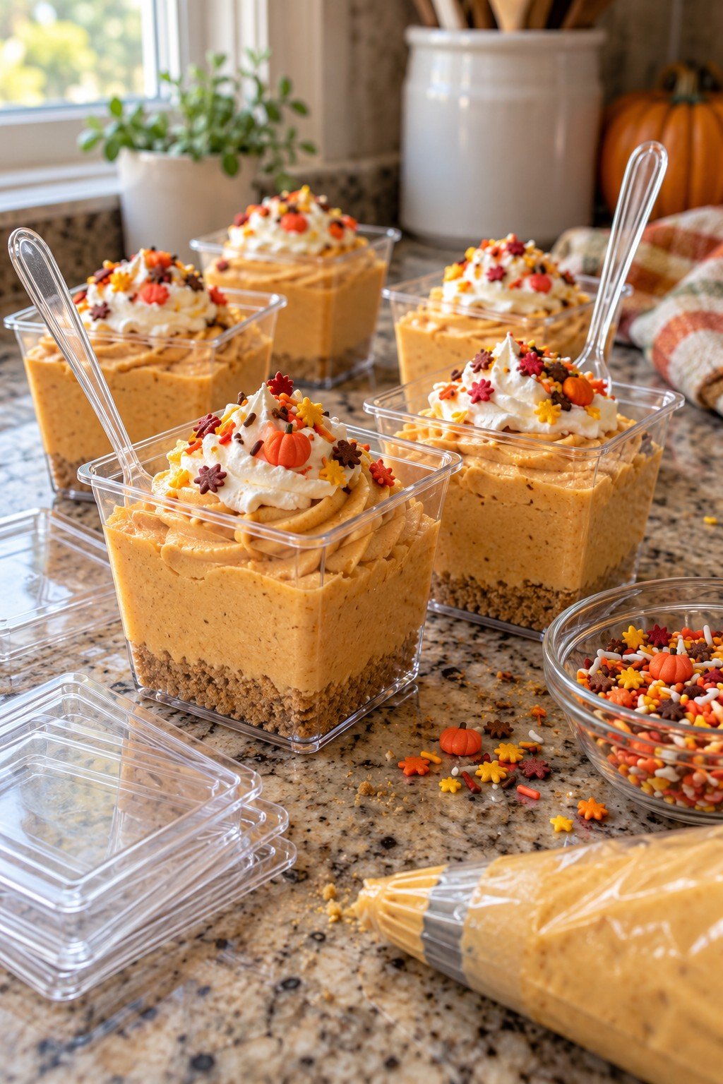 No-bake pumpkin cheesecake cups in clear dessert cups with whipped cream and fall sprinkles