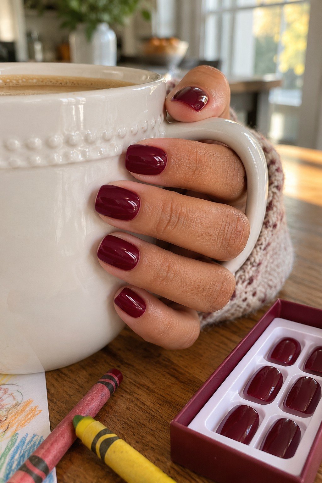 Short glossy cranberry red peel and stick press on nails holding a coffee mug