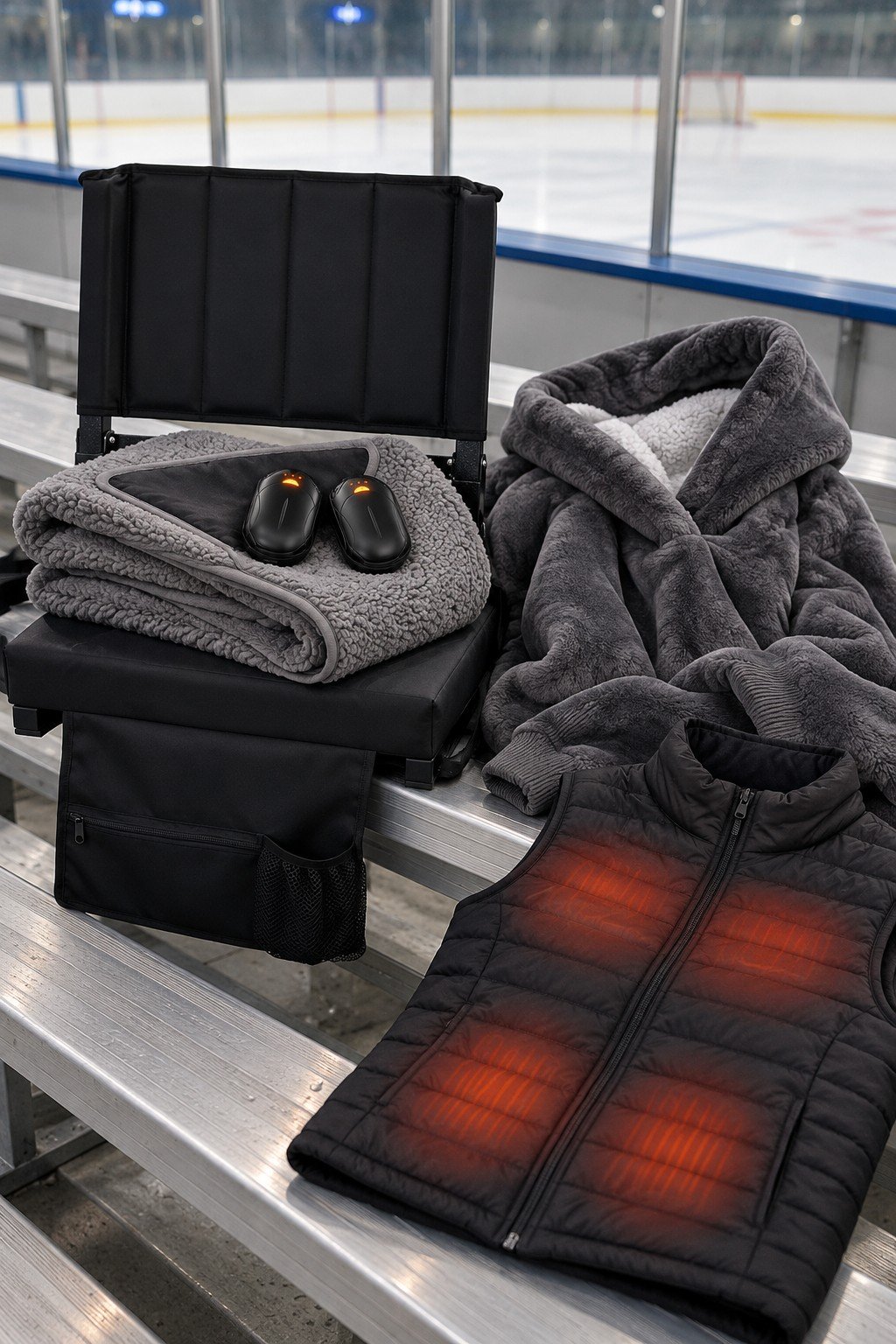 Hockey mom bleacher must haves: stadium seat, sherpa blankets, hand warmers and a heated vest on rink bleachers