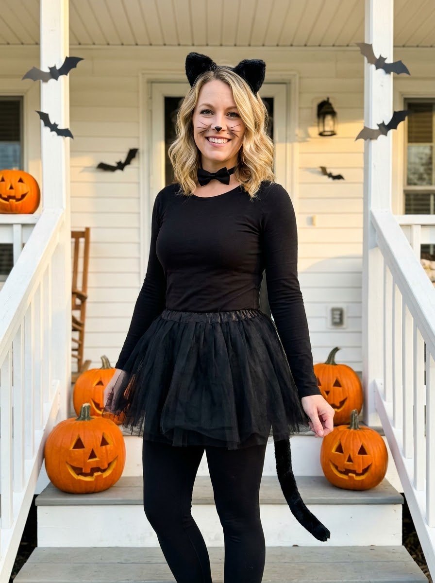 Mom in an easy black cat Halloween costume with cat ears, tutu and tail on a pumpkin porch
