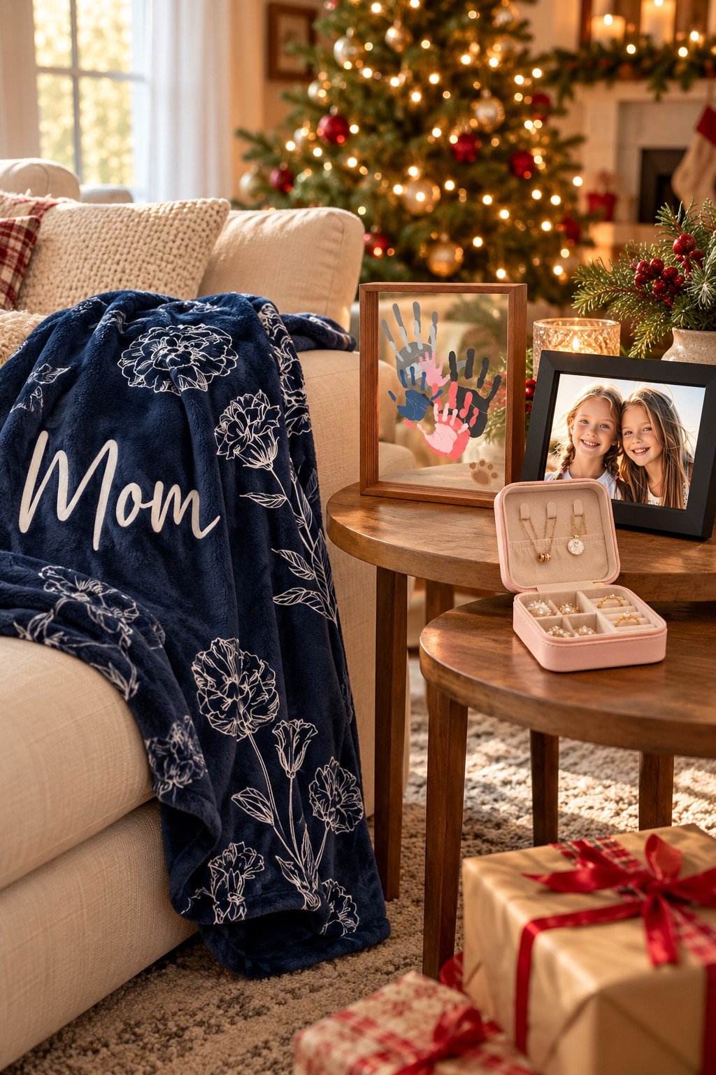 Sentimental Christmas gifts for mom from kids: a Mom blanket, family handprint frame, digital picture frame and jewelry case