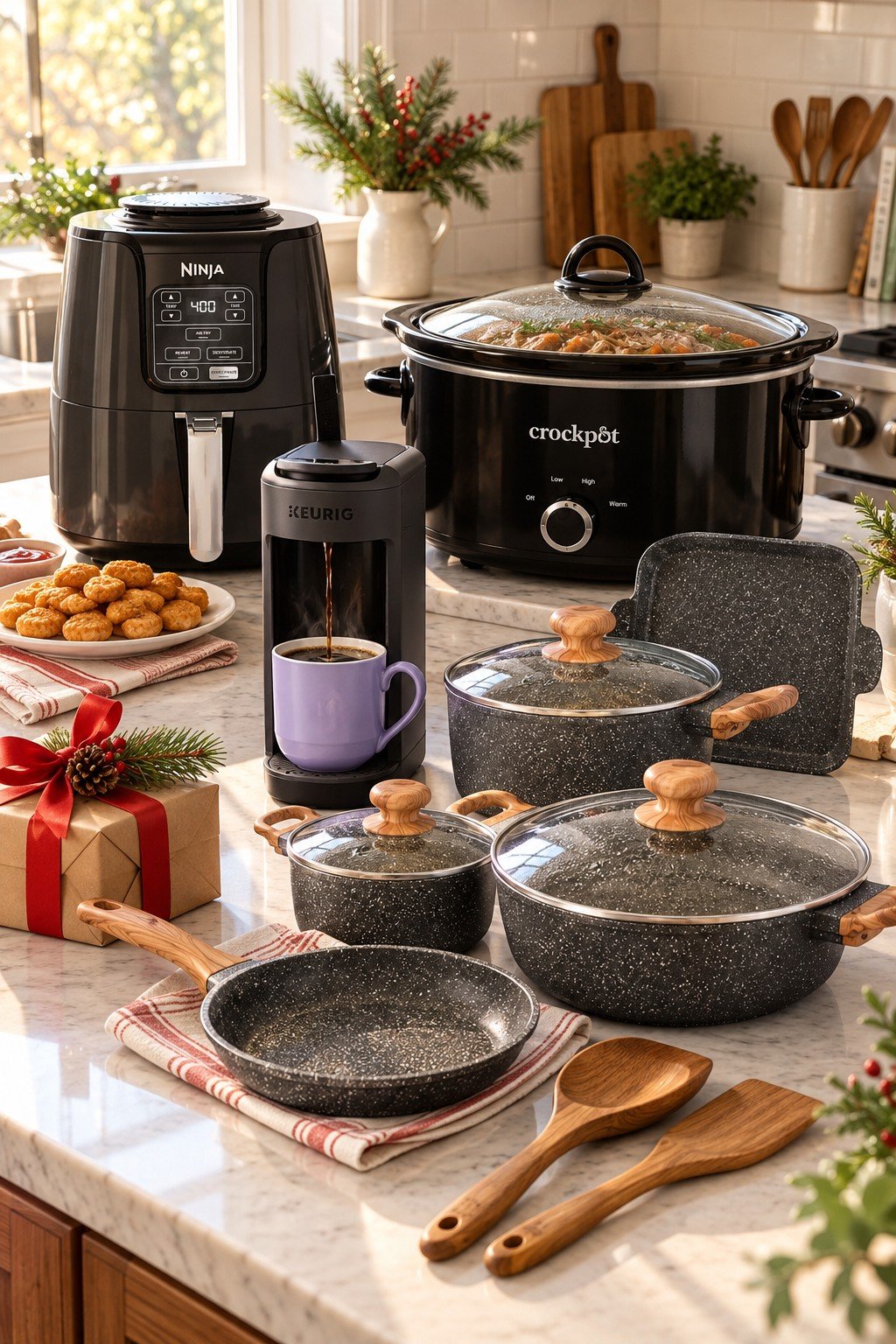 Walmart Black Friday kitchen deals for moms: a Ninja air fryer, a Crock-Pot slow cooker, a Keurig K-Mini Mate and Pioneer Woman cookware