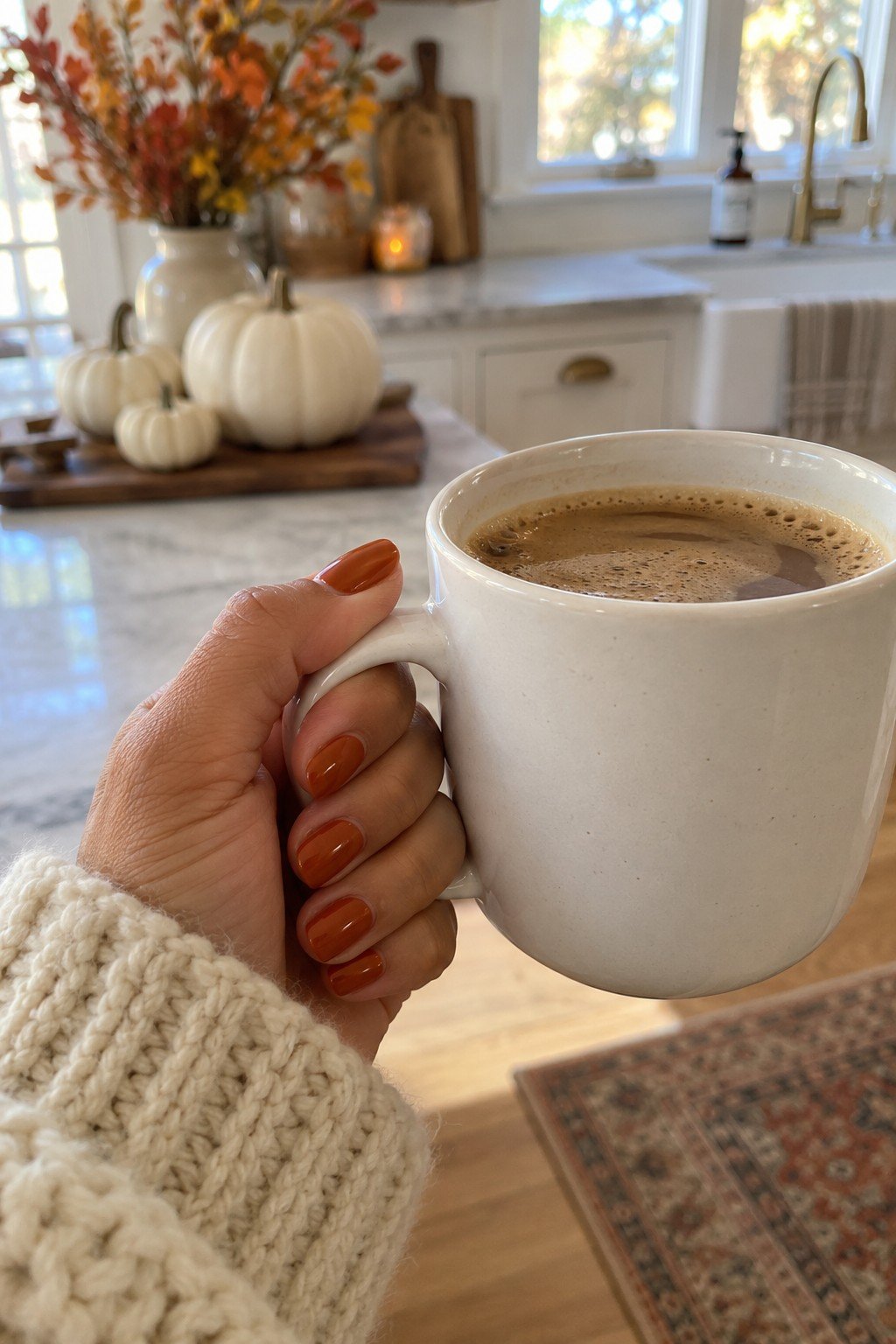 Short oval burnt orange Thanksgiving press on nails holding a coffee mug