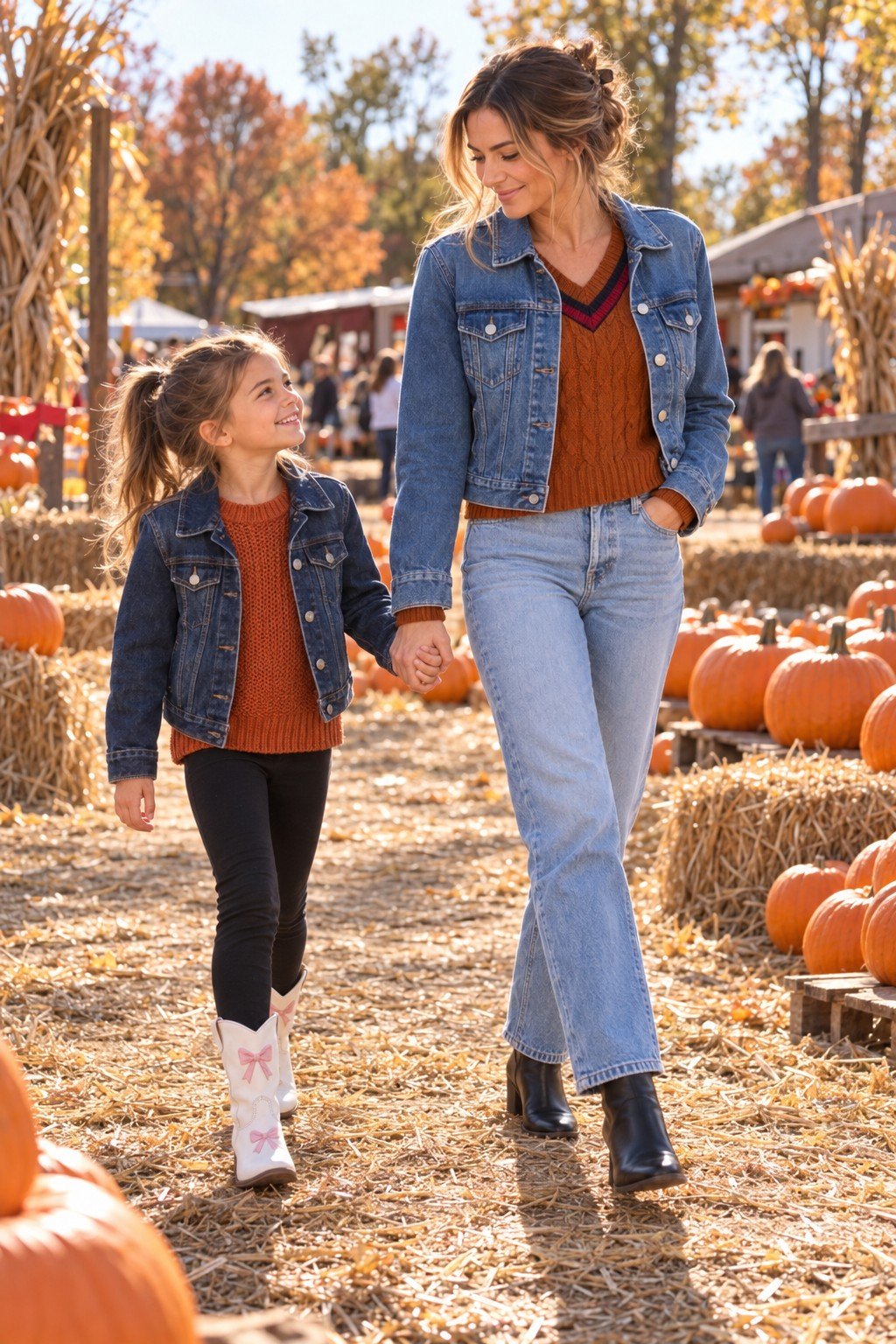 Mom and daughter in matching jean jackets over rust knit sweaters at a pumpkin patch