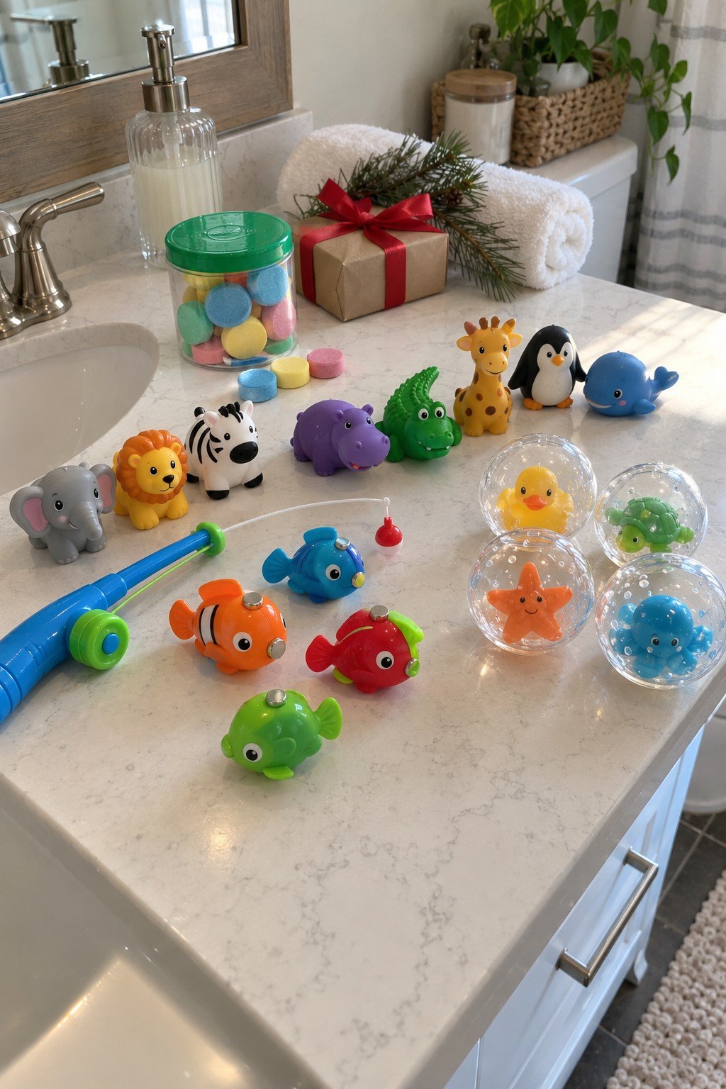 Toddler bath stocking stuffers: Crayola Bath Dropz, Munchkin animal squirts, a Munchkin Fishin set and Float and Play Bubbles on a bathroom vanity