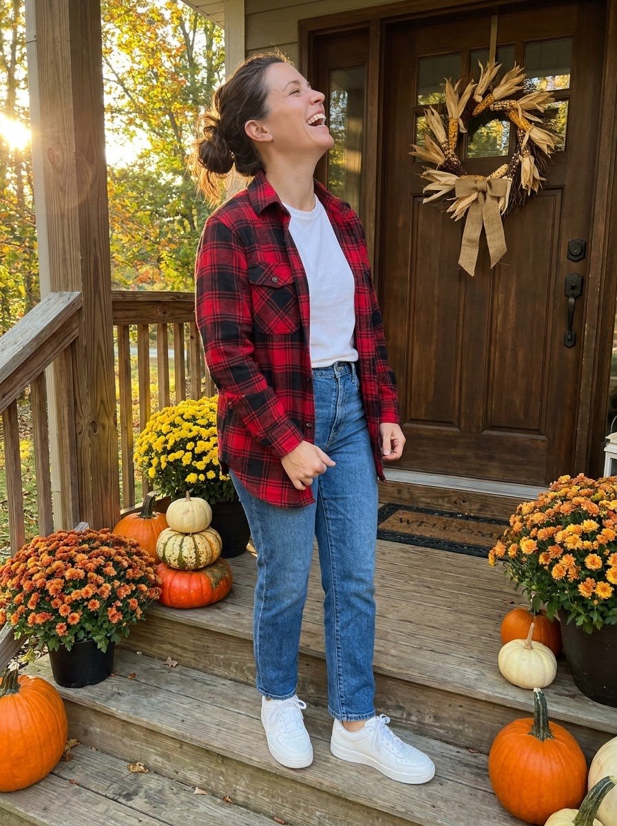 Mom in a plaid shacket, white tee, straight jeans and white sneakers on a fall porch
