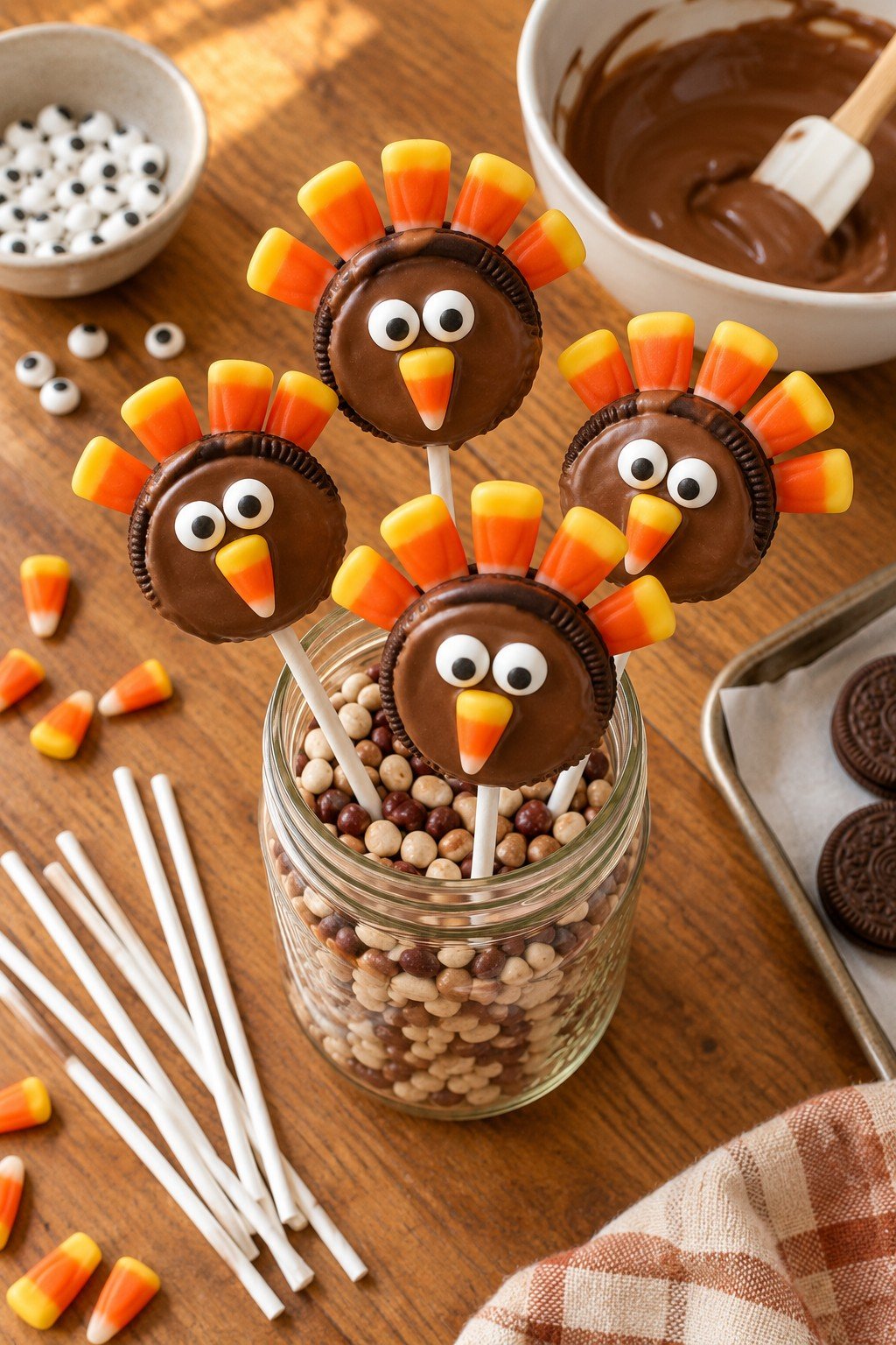 Chocolate cookie turkey pops on white lollipop sticks in a jar