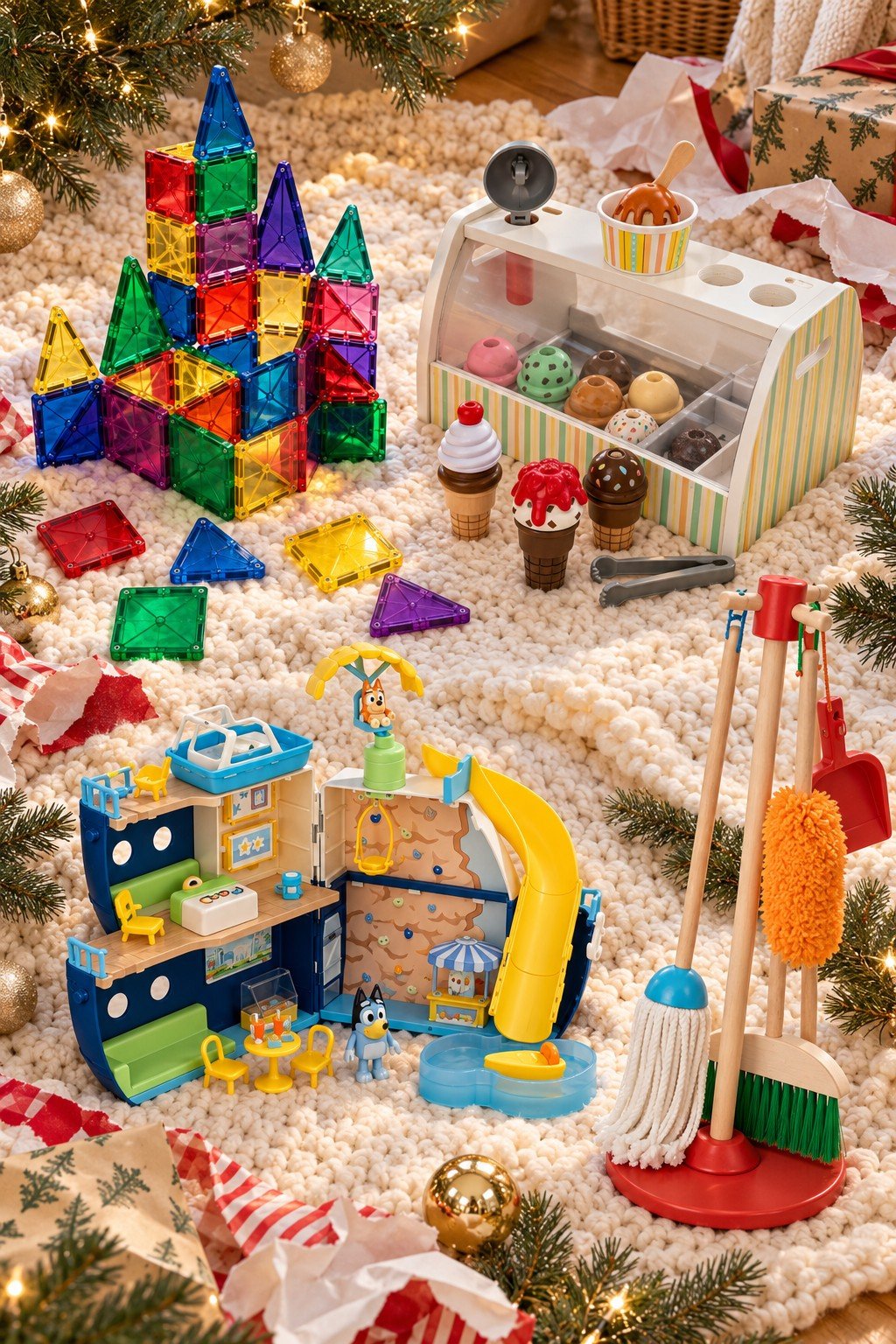 Mid-range Christmas gifts for 4 year olds including magnetic tiles and an ice cream counter