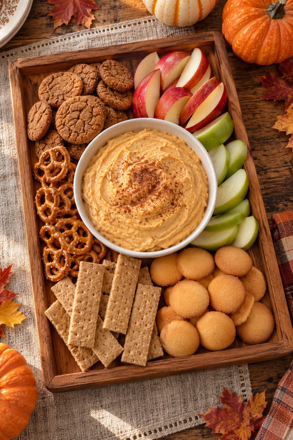 Pumpkin pie dip on a wood serving board with gingersnaps, apples and pretzels