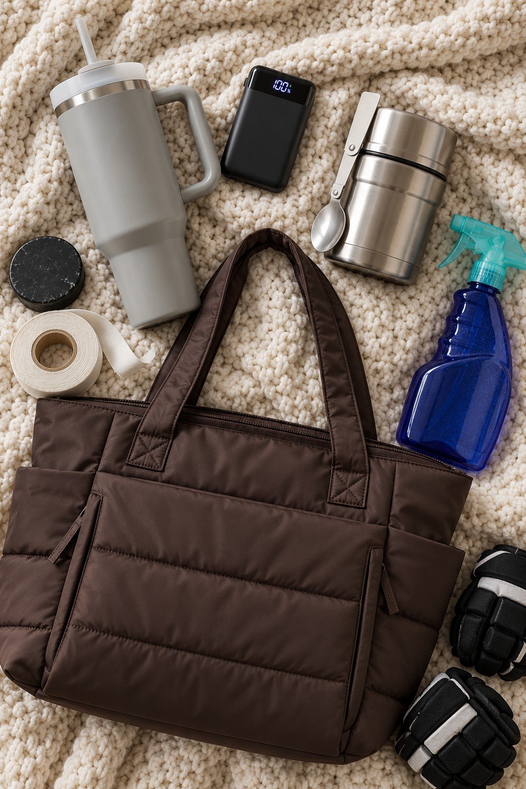 Hockey mom rink bag essentials: puffer tote, insulated tumbler, power bank, food jar and gear deodorizer spray