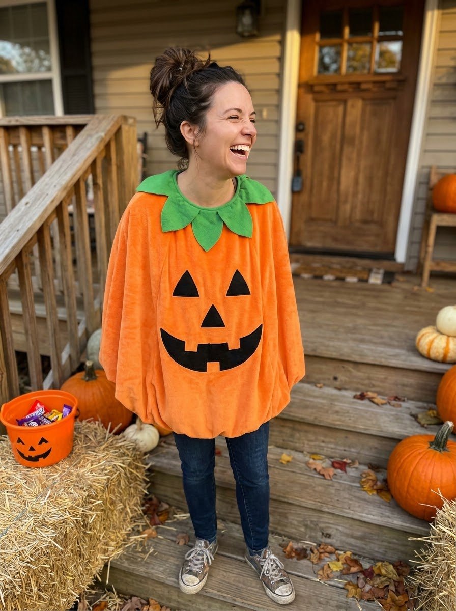 Mom in a cozy pumpkin poncho Halloween costume on a fall porch