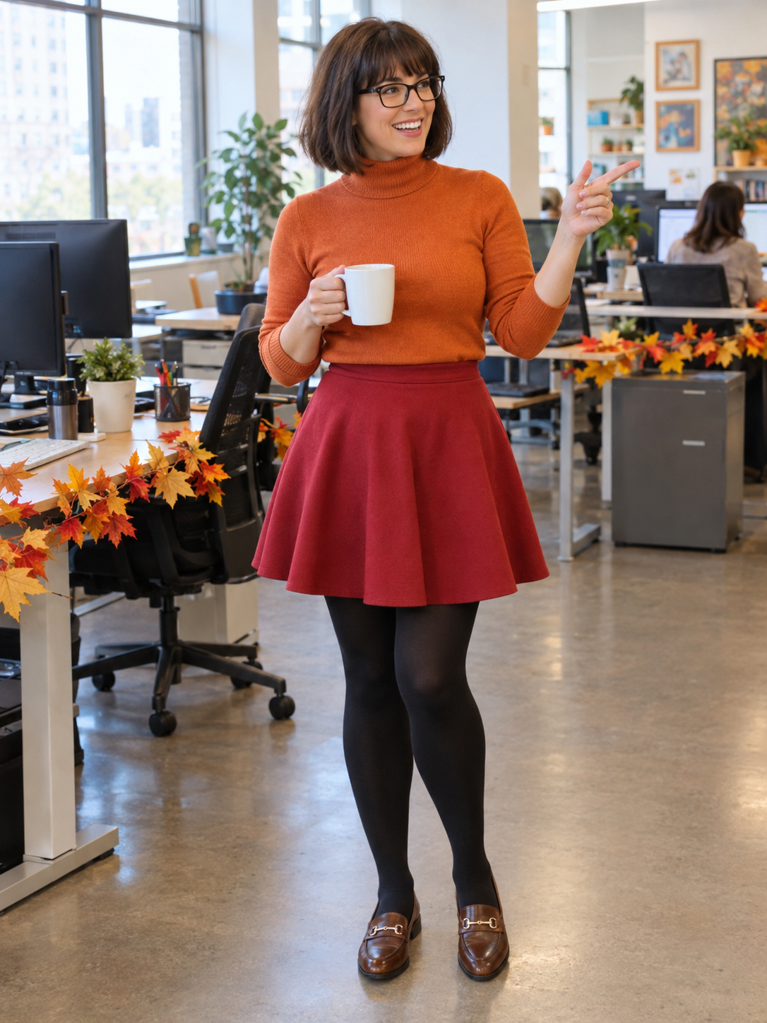 Mom dressed as Velma in an orange turtleneck, red skirt and black glasses at the office
