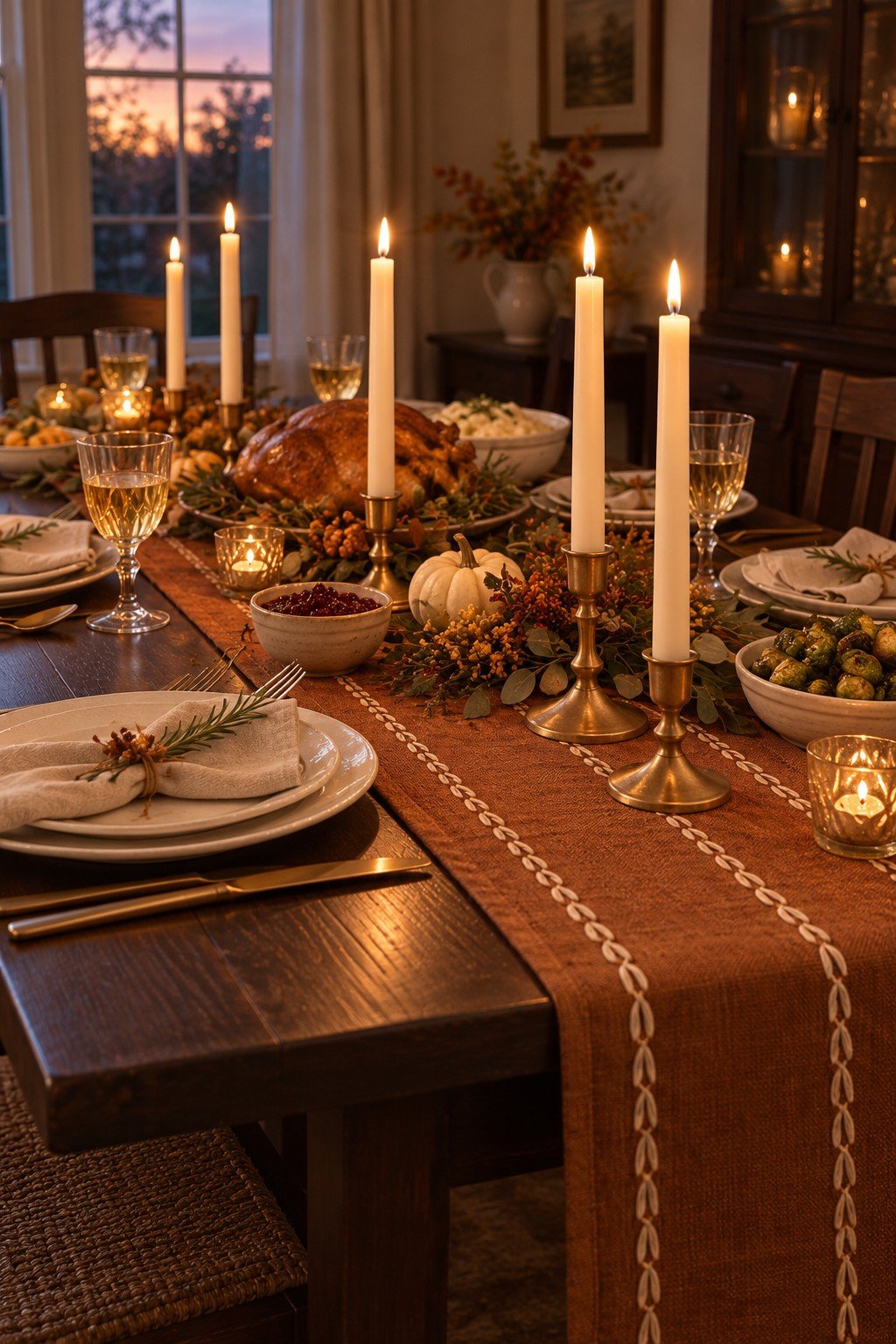 Thanksgiving table with a caramel linen runner and ivory taper candles in gold holders