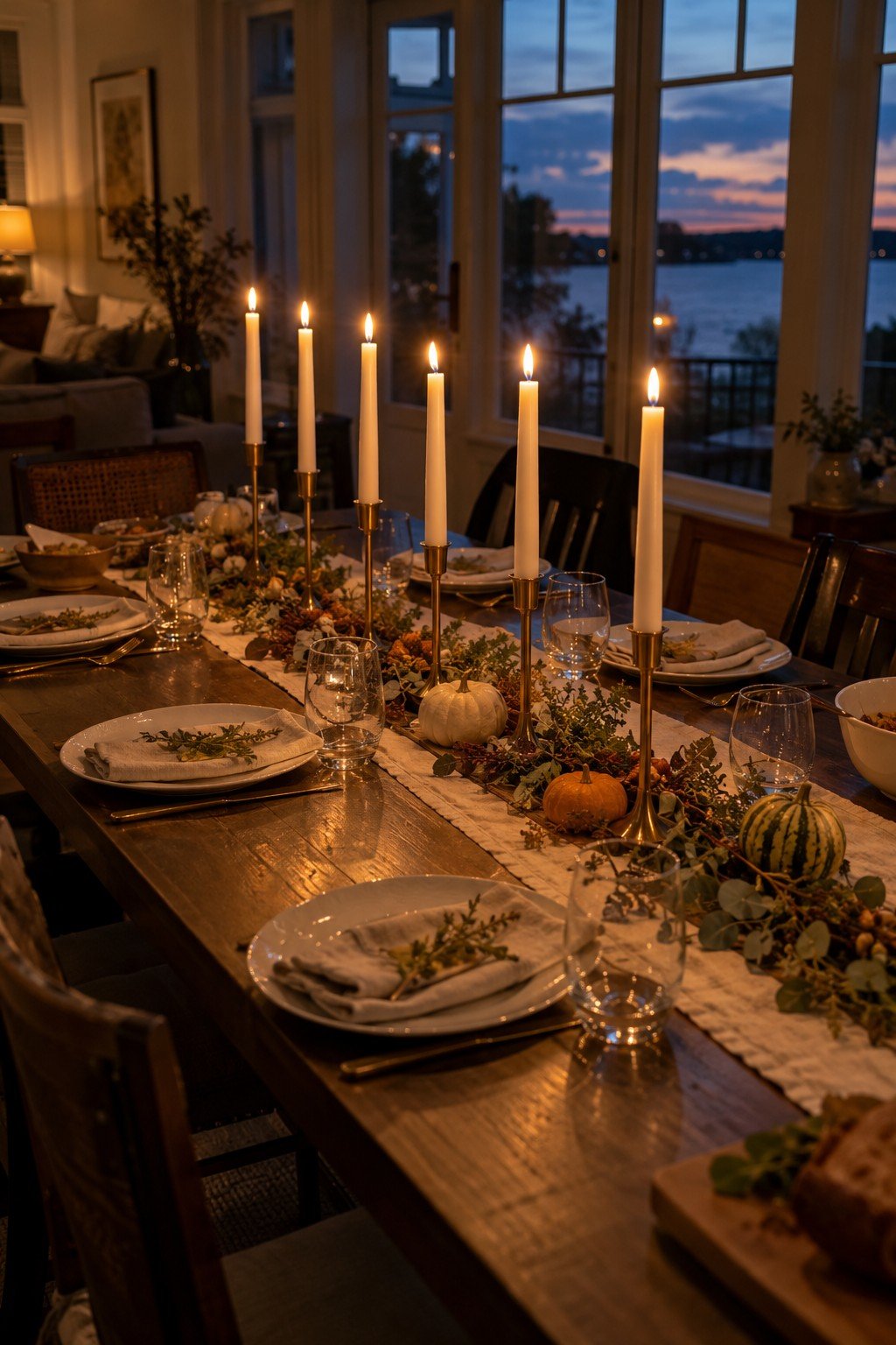 Friendsgiving table with a row of ivory taper candles in gold holders