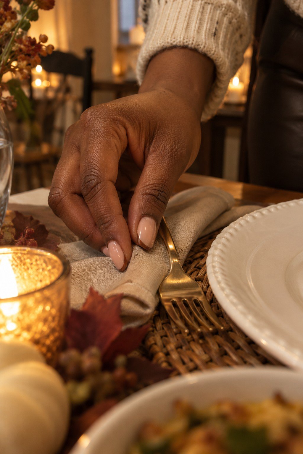 Short almond nude nails with thin brown French tips setting a Thanksgiving table