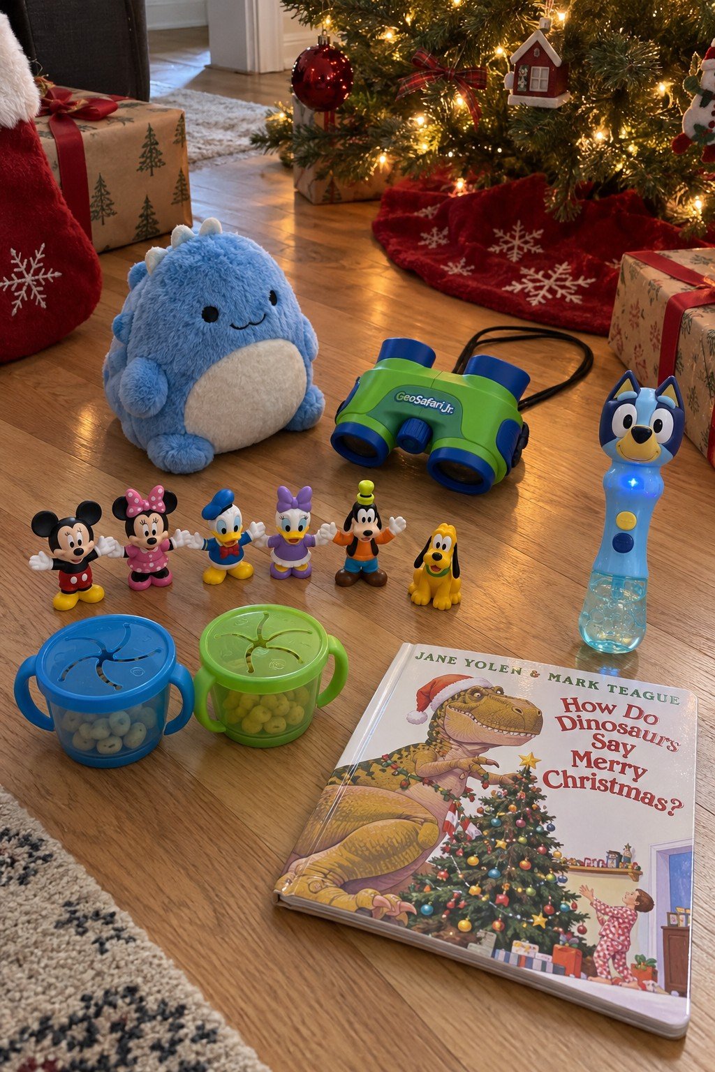 Toddler stocking stuffers by the Christmas tree: Little People Mickey figures, Kidnoculars, a Squishmallow dino, a Bluey bubble wand, a dinosaur Christmas board book and Munchkin snack catchers