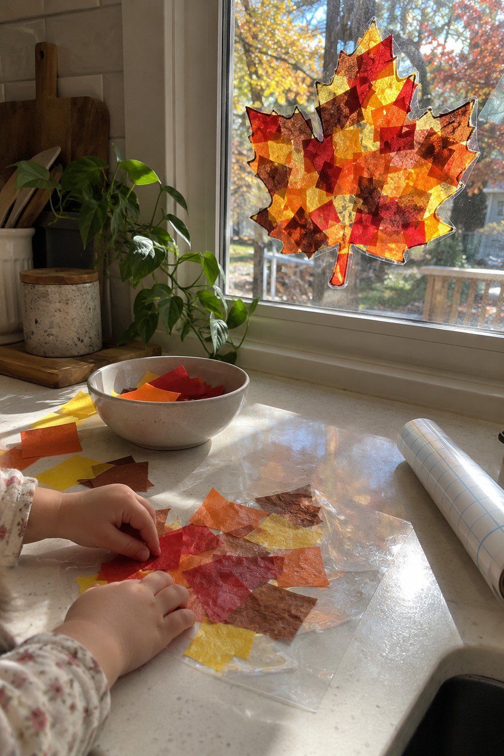 Fall leaf suncatcher toddler craft with tissue paper and contact paper in a window