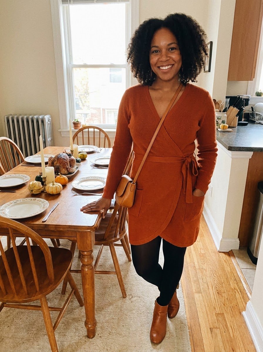 Mom in a rust wrap sweater dress, black tights, brown ankle boots and tan crossbody bag by a Thanksgiving table