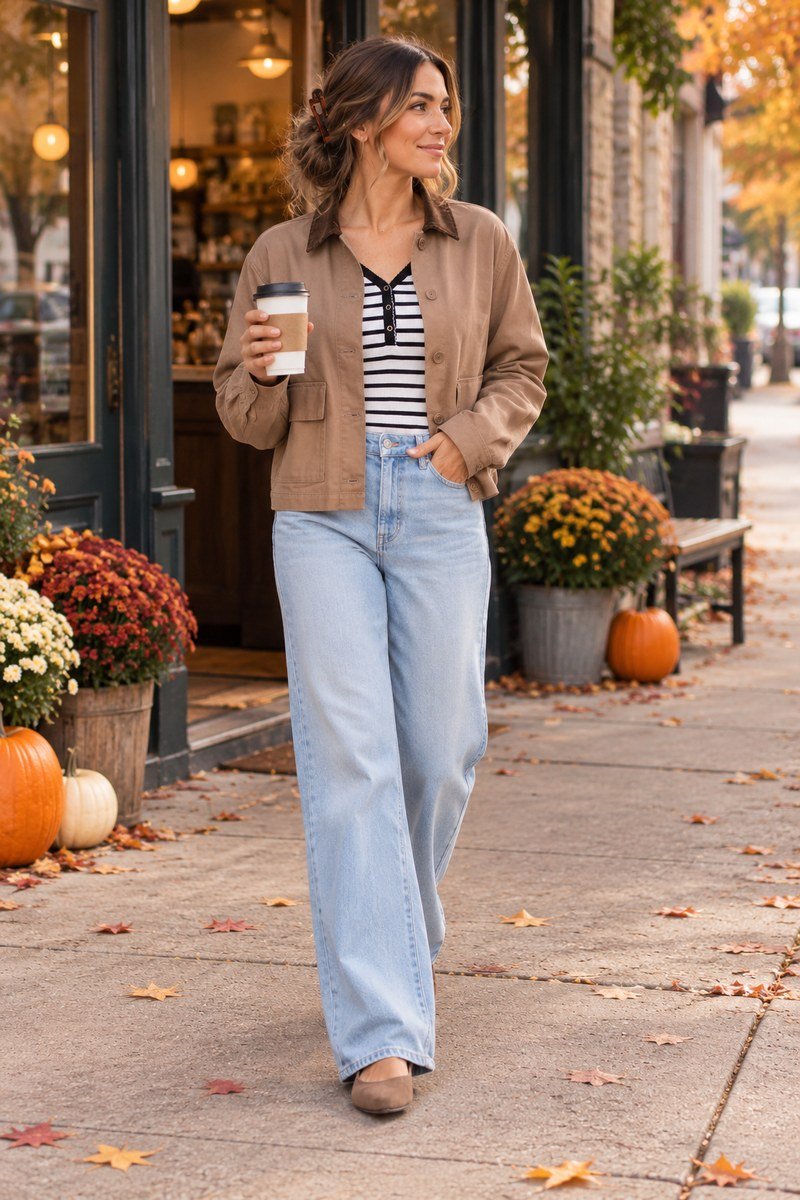 Mom in a tan barn jacket, striped henley and light wash jeans outside a fall coffee shop
