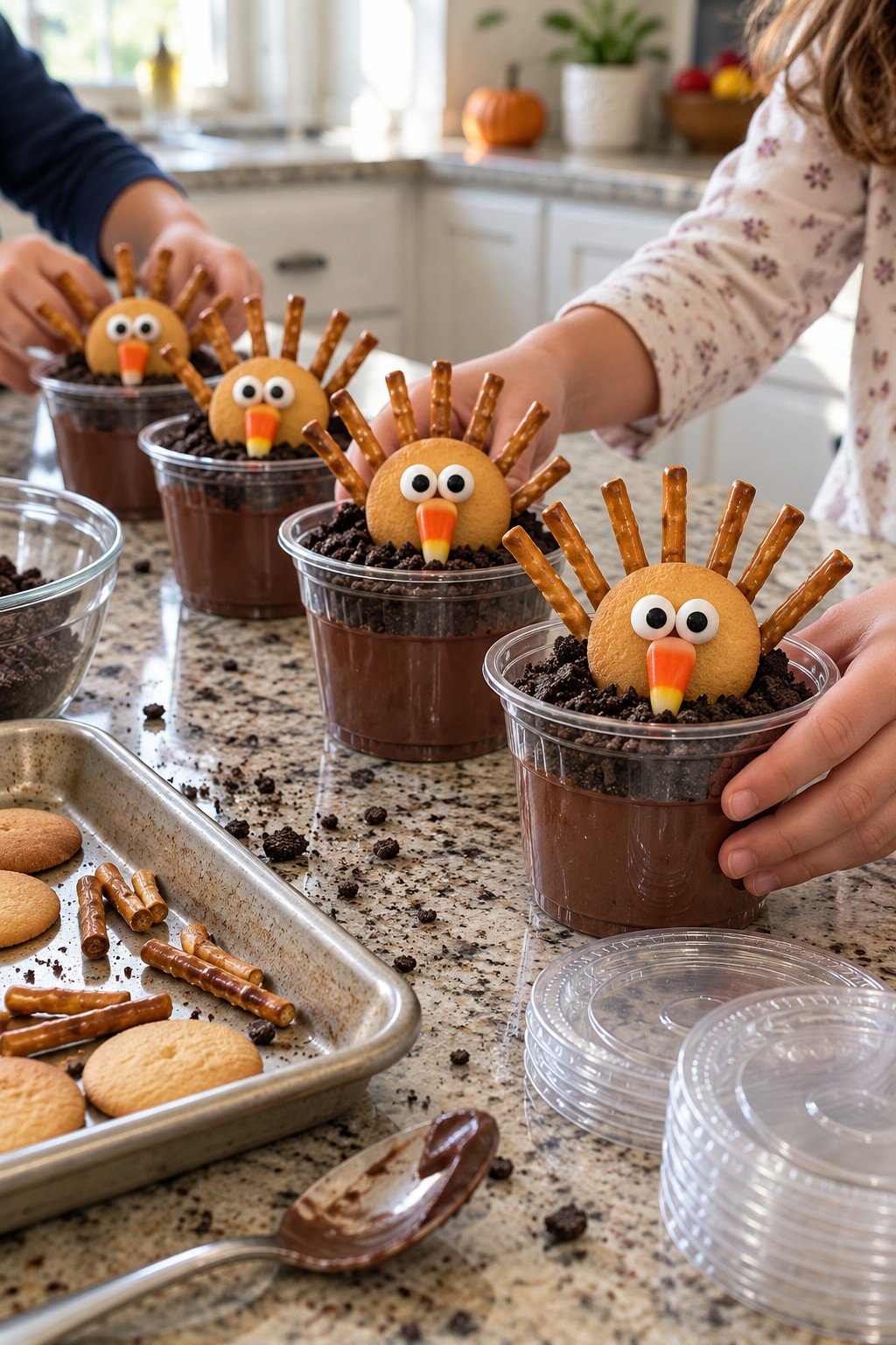 Turkey pudding cups in clear plastic cups with candy eyeballs and pretzel feathers