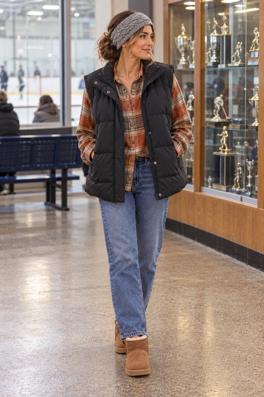 Hockey mom in a plaid flannel, black puffer vest, straight jeans, mini boots and a knit ear warmer in the arena lobby