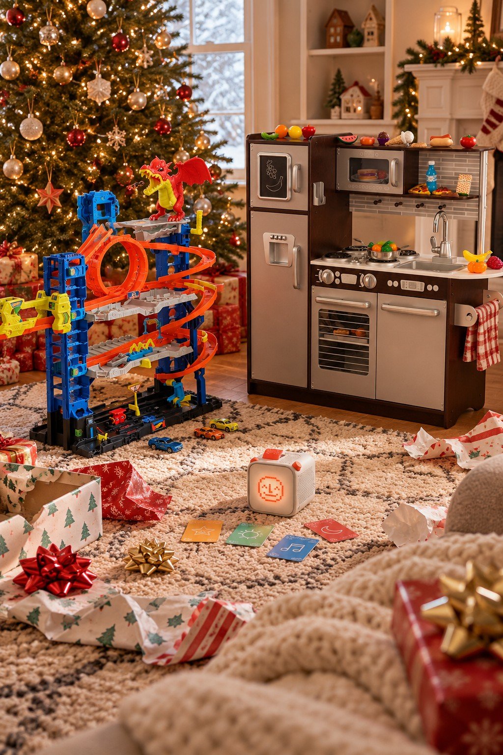 Splurge Christmas gifts for 4 year olds: wooden play kitchen, toy car garage and kids audio player under the tree