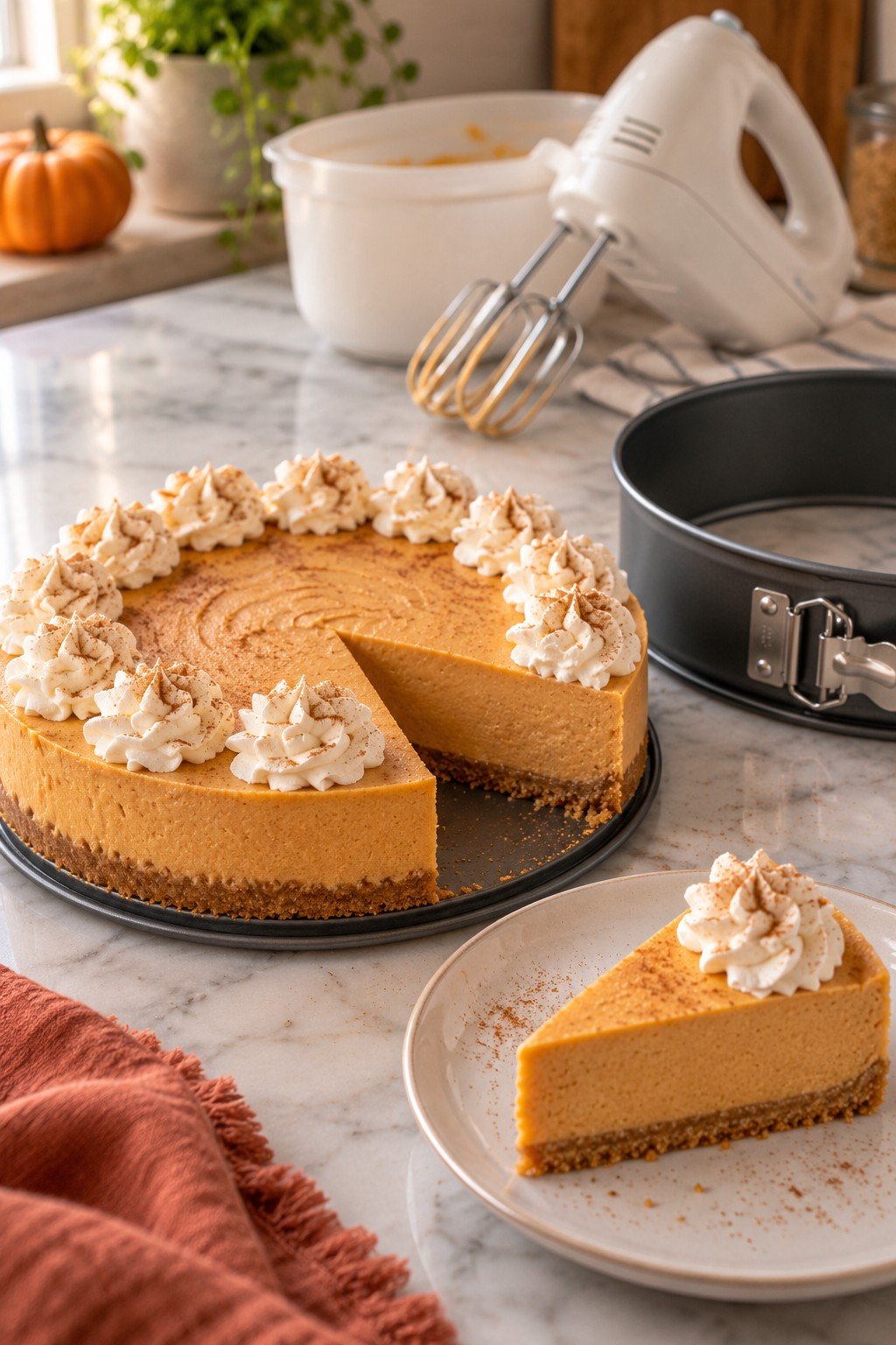 Whole no-bake pumpkin cheesecake on a springform pan base with whipped cream rosettes