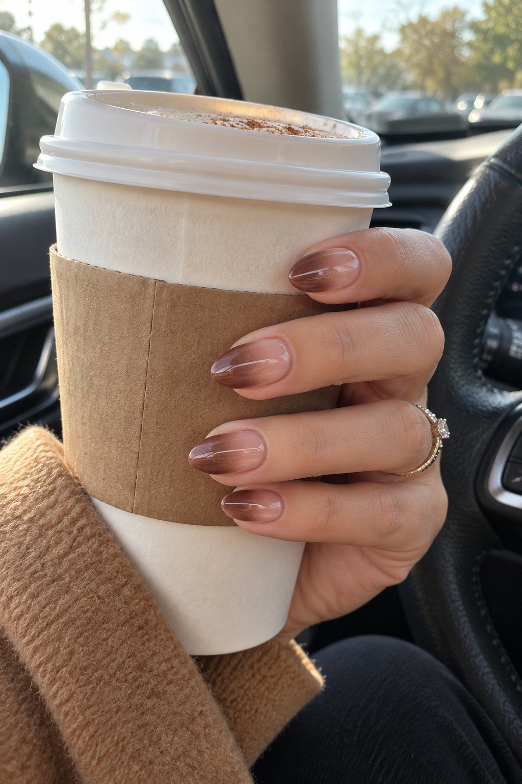 Short almond brown chrome ombre press on nails holding a latte