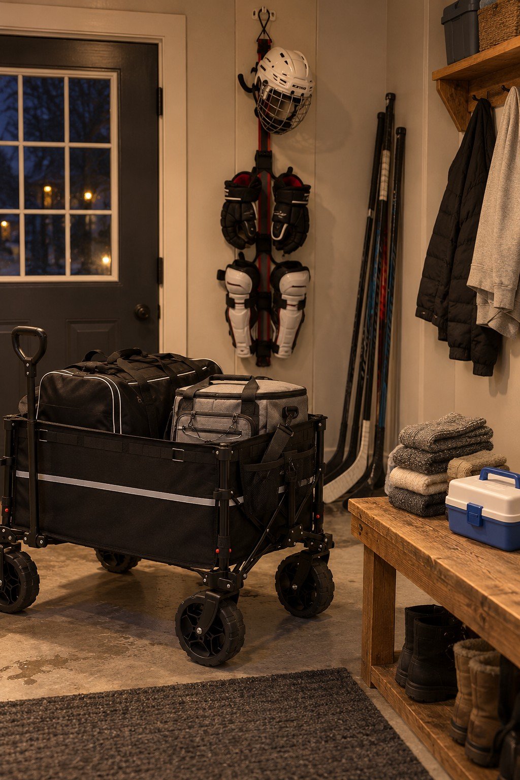 Hockey tournament weekend must haves: folding wagon, soft cooler, gear drying rack, wool socks and a first aid kit