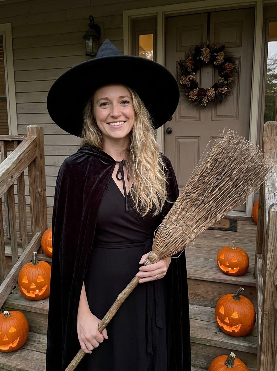 Mom in an easy witch costume with wide brim hat, velvet cloak and broom