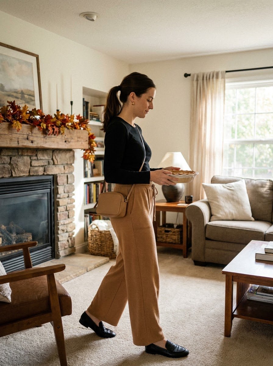 Mom in camel wide leg pants, tucked black long sleeve tee and black loafers carrying a pie