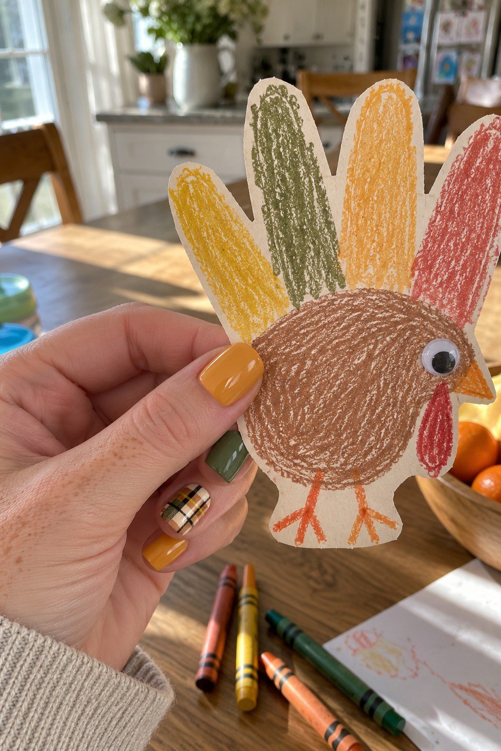 Short square mustard and olive plaid Thanksgiving nails holding a kids handprint turkey craft