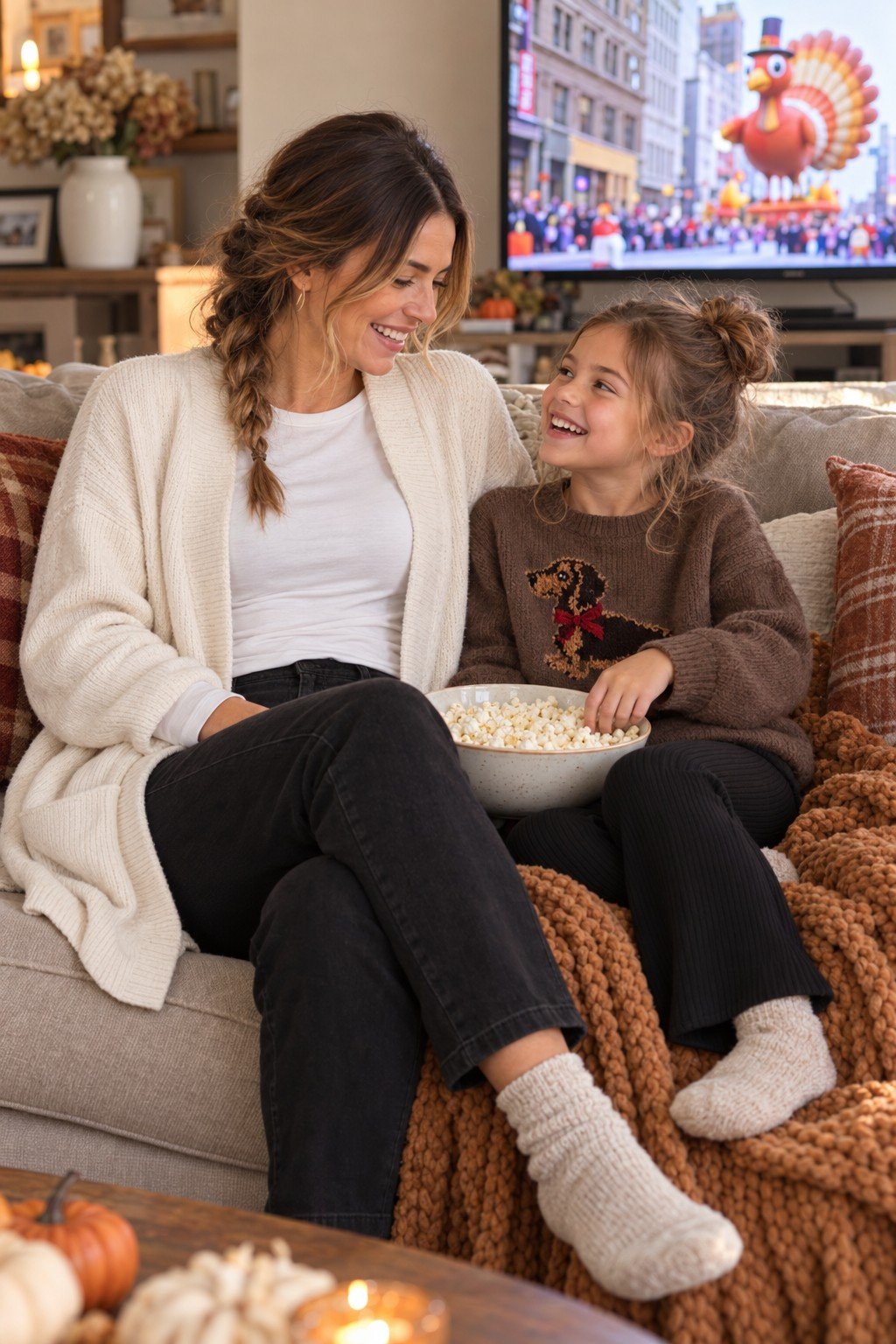 Mom in a cream cardigan and daughter in a puppy sweater on the couch Thanksgiving morning