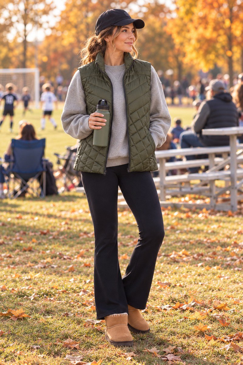 Mom in an olive puffer vest, gray sweatshirt, flare leggings and ball cap at a fall soccer game