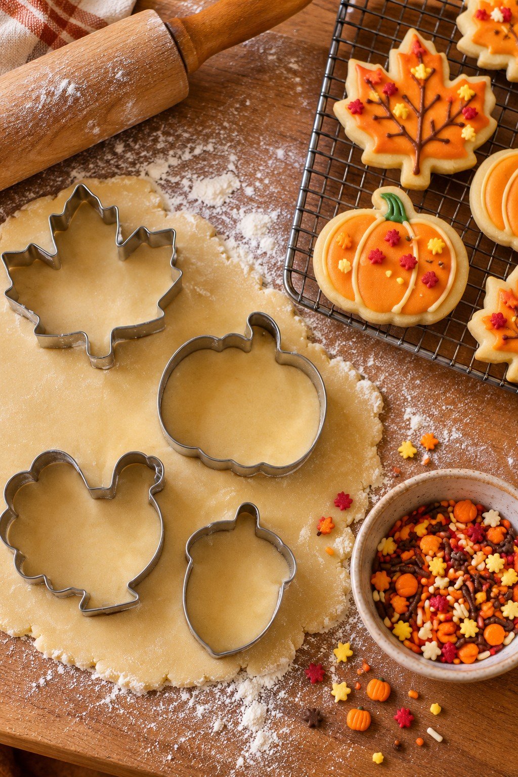 Fall leaf and pumpkin sugar cookies with fall sprinkles and cookie cutters