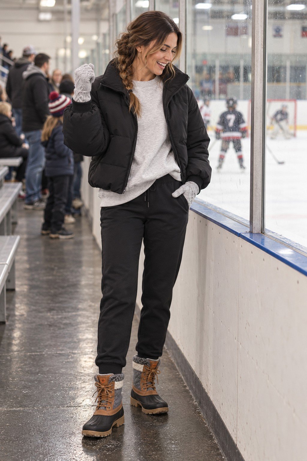Hockey mom cheering at the rink glass in a black cropped puffer, gray sweatshirt, fleece joggers and knit gloves