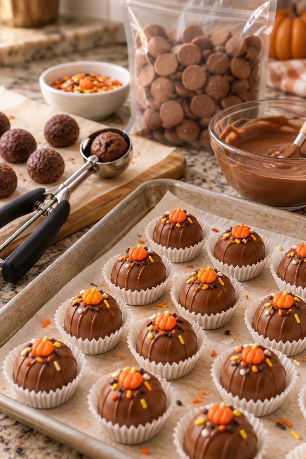 Pumpkin spice Oreo truffles dipped in chocolate in mini paper liners