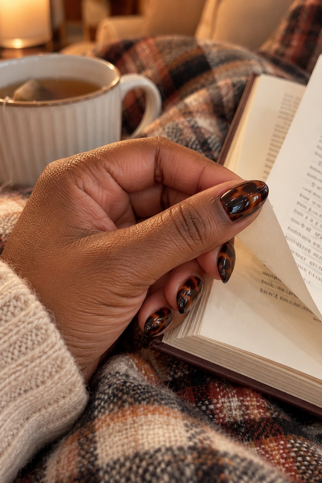 Short almond tortoiseshell fall press on nails turning a book page